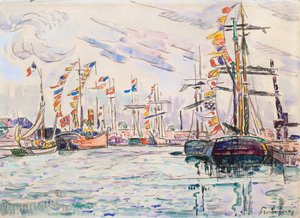 Zeilboten met feestvlaggen aan een pier in Saint-Malo, 1920s door Paul Signac
