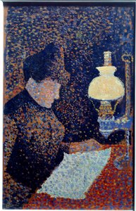 Vrouw onder de lamp. Pointillisme. Schilderij door Paul Signac
