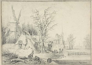 Dorp met molen en kerk door Paul Theodor van Brussel
