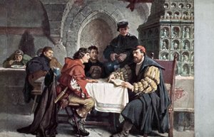 Maarten Luther in gesprek met studenten in de Gasthof der Bären, Jena, Duitsland, maart 1522