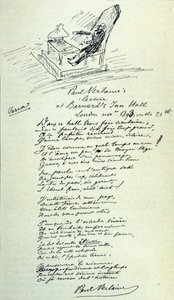 Gedichtteken van de Franse dichter Paul Verlaine (1844-1896) met schets van de vertegenwoordiger tijdens een lezing. 21/11/1893 door Paul Verlaine