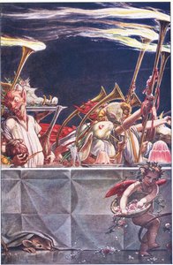 Geef ons vriendelijke hoeders, Hemel!-wat waren deze?, illustratie uit De Storm, 1908 door Paul Vincent Woodroffe