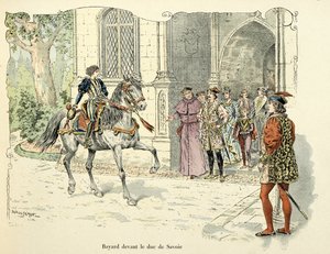 Illustratie uit het boek Histoire du chevalier Bayard door Theodore Cahu, geïllustreerd door Paul De Semant: Bayard op 11-jarige leeftijd voor de hertog van Savoye 1486 door Paul de Semant