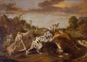 Vechtende honden in een dorpslandschap met daarachter een jachtpartij (olieverf op doek)