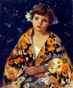 "Een meisje in een kimono. De invloed van Japan uit het Verre Oosten op de Europese impressionistische schilderkunst. Schilderij van Pauline Palmer (1867-1938). Olieverf op hout. Afm: 60,7 x 50,5cm Privé collectie door Pauline Palmer