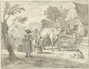 Boeren met een koe voor het huis door Paulus Constantijn la Fargue