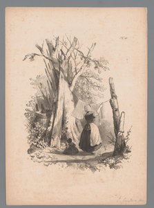 Landschap met vrouw die de was op hangt door Paulus Lauters (attributed to)