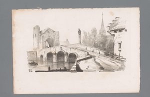 Gezicht op een brug met poort, op de achtergrond een kerk door Paulus Lauters