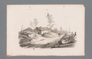 Heuvellandschap met landweg en huizen (Beginselen van landschappen) door Paulus Lauters
