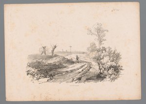 Landschap met figuur met een wandelstok op een landweg door Paulus Lauters