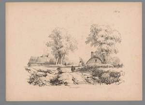 Landschap met twee huizen en twee figuren op een weg