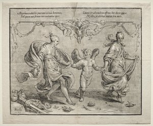 Cupido dansend met twee allegorische vrouwen door Paulus Moreelse