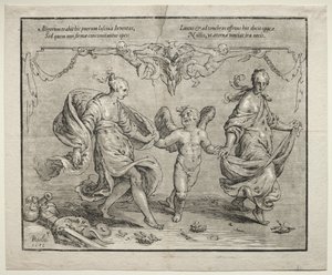 Cupido danst met twee allegorische vrouwen, 1612 door Paulus Moreelse