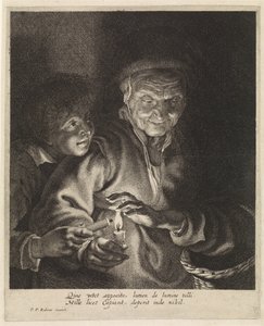 Oude vrouw en jongen met kaarsen door Paulus Pontius