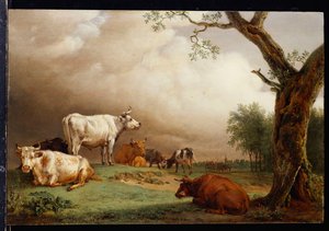 Vee in een veld, met reizigers in een wagen op een pad verderop en een kerktoren in de verte, een regenbui nadert, 1652 door Paulus Potter