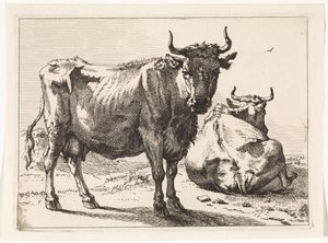 Een staande en een liggende koe door Paulus Potter