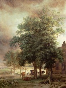 Landschap met koets of huis achter de bomen door Paulus Potter