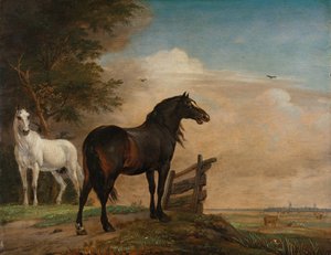 Twee Paarden in een Weide bij een Hek door Paulus Potter