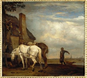 Twee paarden voor een boerderij door Paulus Potter