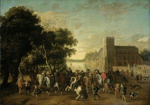 Prins Maurits, vergezeld door Prins Frederik Hendrik, Frederik V van Bohemen en zijn vrouw Elizabeth Stuart, en anderen, op het Buitenhof, Den Haag door Pauwels van Hillegaert