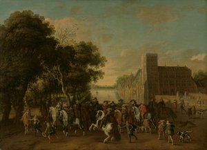 Prins Maurits, vergezeld door Prins Frederik Hendrik, Frederik V van Bohemen en zijn vrouw Elizabeth Stuart, en anderen, op het Buitenhof, Den Haag
