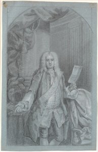 Portretstudie (kniehoogte) van een staande man met rechterarm op een tafel met helm, en in de linkerhand een document. Ordeband met olifant en een ster links van het band (blauwe ridder) door Peder Als