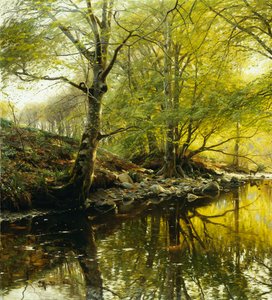 Een Bebost Rivierlandschap door Peder Monsted