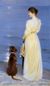 Zomeravond bij Skagen. De vrouw van de kunstenaar met hond aan de waterkant door Peder Severin Krøyer