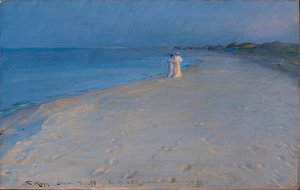 Zomeravond aan het Zuidstrand, Skagen. Anna Acher en Marie Krøyer door Peder Severin Krøyer