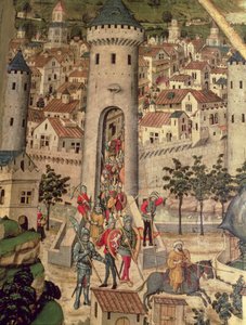 Sint Jordi Altaarstuk, detail van de verovering van de stad Majorca door het leger van James I door Pedro Nisart