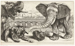 Olifanten, leeuwen en lynxen in de tuinen van Versailles door Peeter Boel (attributed to)