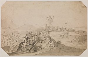 Slagveld in landschap met brug over een rivier door Peeter Snayers