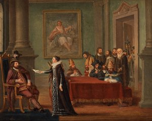 Christina Gyllenstierna met de brief van vrijgeleide voor koning Christiaan II van Denemarken