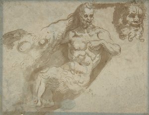 Zittende sater, met vergroot hoofd van dezelfde recto, hoofd van een vrouw verso door Pellegrino Tibaldi