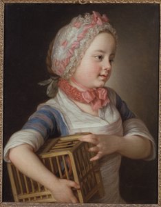 Meisje met vink in een kooi