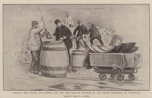 Zinkschroot inpakken voor het maken van gas voor de Ballonsectie van de Royal Engineers in Woolwich