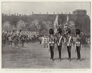 De koning en het 3e bataljon Scots Guards, officieren met de nieuwe kleuren marcheren langs Zijne Majesteit door Percy F.S. Spence