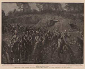 Schemering en vrede, cavalerie die paarden water geeft in de veiligheid van de schemering door Percy F.S. Spence