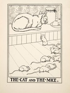 De Kat en de Muizen, uit Honderd Fabels van Aesopus, uitgegeven 1903 (gravure)