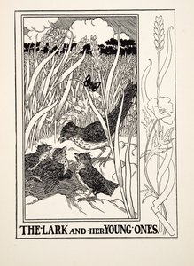 De leeuwerik en haar jongen, uit A Hundred Fables of Aesop, uitgegeven 1903 (gravure)