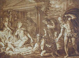 De Aanbidding der Herders, gegraveerd door Elishah Kirkhall door Perino del Vaga