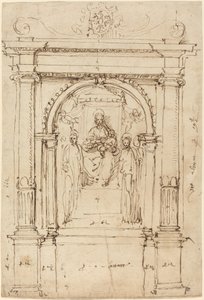 Altaarstuk van de Madonna en Kind met heiligen, in zijn architectonische setting door Perino del Vaga