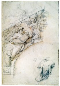 Decoratie van een muur boven een ingangboog met een profeet en twee putti, c1525