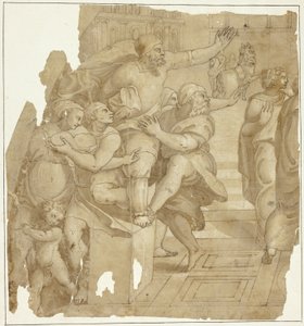 Fragment van een compositie met gebarende mensen en paarden op de achtergrond door Perino del Vaga