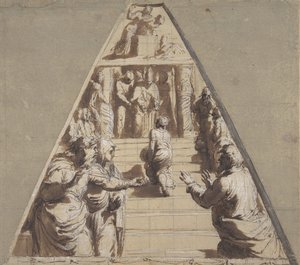 Presentatie van de Maagd in de Tempel beneden, Abraham op het punt om Isaac te offeren boven, 1520 door Perino del Vaga
