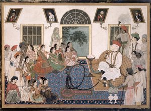Een Europeaan, waarschijnlijk Sir David Ochterlony (1758-1825), in Indiase kleding, rookt een waterpijp en kijkt naar een nautch in zijn huis in Delhi, c.1820 door Persian School