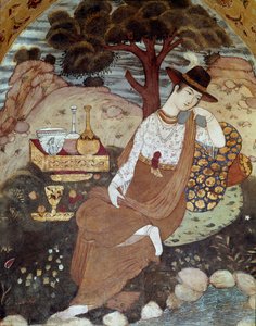 Een Perzische prinses onder het bewind van Abbas I, rustend. 17e eeuw. Fresco uit het Paleis van de 40 Kolommen (Chehel Sotoun) in Isfahan, Iran. door Persian School
