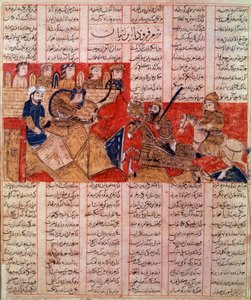 Kunst Iran (Perzië): miniatuur van een manuscript door de Shah Nqmeh, Koning Bahram Gour doodt de heerser van de Touraniërs. Manuscript uit 1341. Privécollectie.
