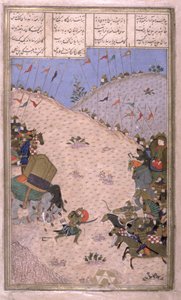Bahram Chubina, zijn Olifant Gedood, Vechten te Voet, illustratie uit de Shahnama (Boek der Koningen) door Abul-Qasim Manur Firdawsi, ca. 1440-45 door Persian School