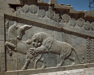 Gevecht tussen een stier en een leeuw door Persian School